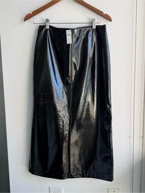 GAP Black Faux Leather Midi Skirt with Front Zip